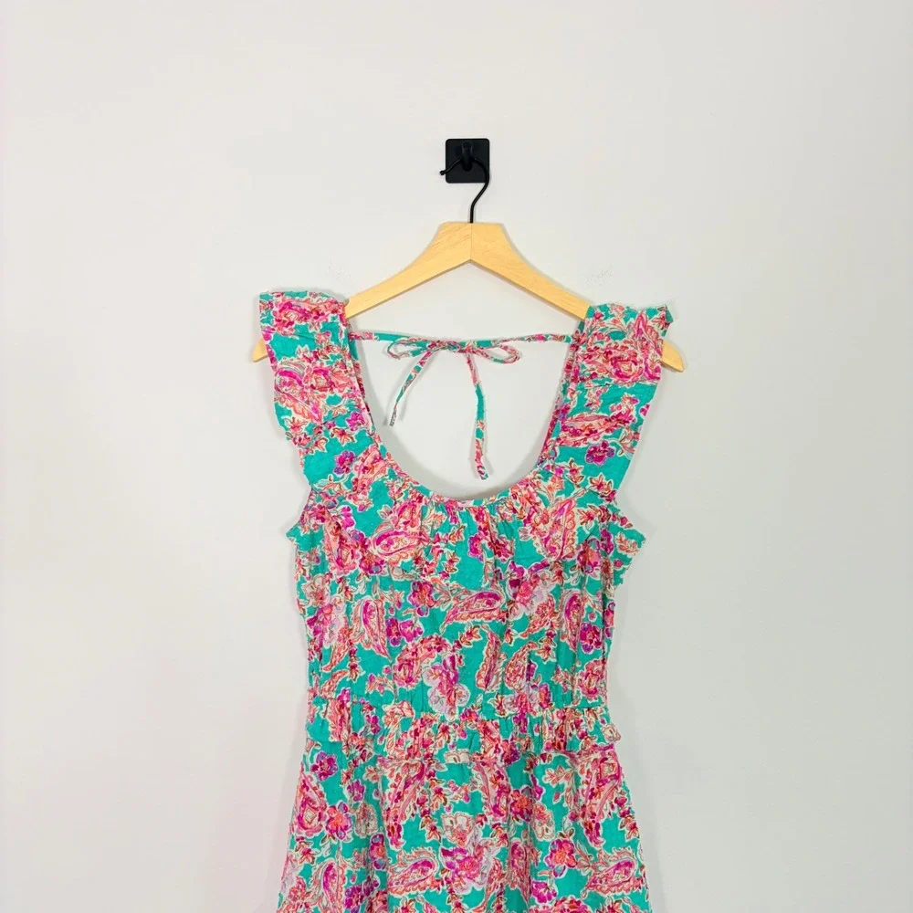 J Crew Womens Floral Paisley Ruffle Tiered Midi Sundress Green Pink 4 - Picture 3 of 10